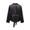 Para Comercio Exterior Europeo y Americano Transfronterizo Ropa de Mujer Aliexpress Más Vendido Moda Otoño Versátil Negro con Cordones Cintura Ajustada Chaqueta de Cuero Sintético