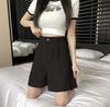 Pantalones Cortos Casuales de Traje Negro para Mujer, Verano Delgados de Cintura Alta Talla Extra Sueltos Adelgazantes de Pierna Ancha de Largo Medio