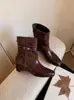 Botines Western de Punta Cuadrada con Parches para Mujer Otoño Invierno Cuero Tejido Cremallera Trasera con Hebilla Tacón Bajo Retro Adelgazantes Moda Botas para Mujer