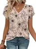 Nueva camiseta casual holgada de manga tres cuartos con cuello en V y estampado, estilo europeo y americano, Amazon Temu AliExpress