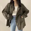 Jaqueta Feminina Estilo Retro Primavera e Outono Coreano com Design de Bolso Falso, Cintura com Cordão, Estilo Workwear, Caimento Justo, Gola Lapela, Casaco Feminino Tendência