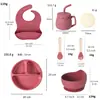 Juego de Vajilla Infantil de Silicona de Grado Alimenticio, Taza para Pastel, Plato con Ventosa, Plato Dividido, Babero, Mismo Modelo que Amazon