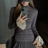 Camisa de Capa Interior de Manga Acampanada Francesa Seleccionada Cuidadosamente para Mujer en Otoño e Invierno Nuevo Estilo Medio Cuello Alto Tencel Lyocell de Gama Alta Manga Larga