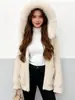 Suéter Chaqueta Tejida con Capucha de Manga Larga Empalmada de Piel de Zorro Estilo Perezoso Estilo Coreano Nueva Colección Invierno 2026 para Mujer