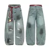 Marca Tendência Jiayiku Outono 2025 Novo Estilo Americano Deserto Lavado Sujo Tingido Jeans Cimitarra Calças Largas Soltas