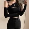 Camisola Sexy de Hombro Inclinado para Chica Caliente, Camiseta de Manga Larga con Hombros Descubiertos para Mujer, Slim, Ajustada, Corta, Descubriendo el Ombligo