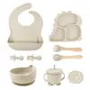 Plato de Cena de Silicona con Dibujo de Dinosaurio Set de 9 Piezas para Bebé Aprendiendo a Beber Compartimento Anti-Caídas Ventosa Plato para Comida Vajilla de Alimentación