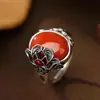 Anillo Vintage Desgastado de Plata de Ley S925 con Granate Rosa para Mujer, Diseño Abierto Ajustable, Exquisito y de Nicho con un Toque de Alta Gama