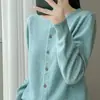 Cardigan de malha novo estilo de primavera 100% lã, gola redonda, comprimento curto, modelagem solta, suéter elegante, jaqueta de cor sólida para mulheres