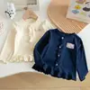Cardigan Feminino de Renda para Primavera e Outono Doce Aplique Botões Coloridos Gola Redonda Manga Longa para Bebê Menina Versátil Macio Grudado Camada Base Top