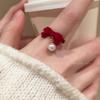 Anillo de perla con lazo color vino tinto para mujer, otoño e invierno, flocado, moda, personalidad, temperamento, anillo abierto con cola ajustable