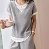 Nuevo Traje Casual de Patchwork de Verano Transfronterizo Europeo y Americano de Dos Piezas Falsas de Color Sólido con Cuello en V para Mujer Pg0235