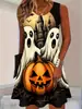 Vestido sin mangas con estampado de rosas y murciélagos de Halloween, estilo tinta oscura, minivestido tipo tank top de corte A holgado con cuello redondo
