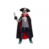 Día del Niño Máscara Traje Negro y Rojo Capa Capa con Cuello Alto para Niños Gancho de Pirata Capa de Pirata
