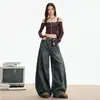 Jeans de Pierna Ancha con Parches Vintage Desgastados para Mujer, Verano 2026 Nuevos Pantalones de Cintura Alta Sueltos Adelgazantes de Largo Completo