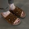 Sandalias de Mujer Cómodas Retro de Moda de Nicho con Flor de Pedrería y Gamuza Escarchada Slip-On