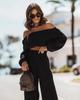 2023 Europeu e Americano Cross-border Novo Short-sleeved Shoulder Top Straight Pants Set Solid Color Commuter Two-piece Set