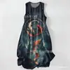 Vestido Casual de Algodão Puro com Estampa Digital Nova, Gola Redonda, Sem Mangas, Comprimento Médio, Para Mulheres, Verão na Praia