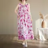 Novo Vestido de Algodão Seda Sem Mangas Estilo Resort à Beira-Mar com Cintura Marcada para Mulheres Tamanho Plus Look Emagrecedor Tamanho Plus Praia Suspender Saia Longa