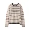 Blusa de Base Listrada Macia Oca 100% Lã para Mulheres Outono Inverno Gola Redonda Roupa para o Trabalho Suéter de Manga Longa Color Block