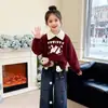 Camisa polo versátil estilosa doce fofa de gato de desenho animado jeans casual da moda conjunto de duas peças para meninas outono e inverno