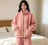 Se Puede Usar Afuera Terciopelo Coral Pijama de Primavera y Otoño Cárdigan con Cremallera para Mujer Traje de Dos Piezas Ropa de Casa Coreana para Pareja