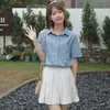 Foto Real del Nuevo Top Casual de Moda Estilo Coreano, Diseño Retro, Holgado, Delgado, de Manga Corta, en Azul Claro, Otro Algodón