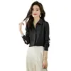Foto Real de 25 Camisa de Satén Gris Azul Otoño para Mujer de Manga Larga Otoño Botonadura Oscura Estilo Retro de Hong Kong Caída Ropa de Trabajo Ligera y Madura