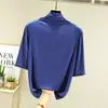 Camiseta base de algodón de punto fino con cuello medio para mujer, camiseta de manga de tres cuartos, top fino versátil de manga media ajustado para primavera y otoño, tallas grandes