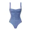 2027 Nuevo Estilo Coreano Traje de Baño de una Pieza Cuadrado Azul y Blanco a Cuadros Fruncido para Mujer, Conjunto de Traje de Baño para Resort de Aguas Termales, Más Vendido