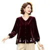 Blusa de terciopelo de moda para otoño y primavera de mamá, cuello en V elegante, adelgazante, ropa para mujeres de mediana edad y mayores, camisa bordada de manga larga que cubre el cuerpo
