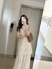 Vestido longo feminino elegante, estilo retrô francês, estilo industrial pesado, crochê falso, duas peças, plissado, sem mangas