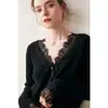 Cardigã de cashmere com acabamento em renda, suéter feminino de manga curta, cardigã de lã tricotado, manga longa, novo estilo outono/inverno