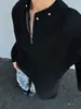 Sudadera acolchada de hombro con diseño de nicho deconstruido, cierre medio, color gris jaspeado, para hombre, camiseta de manga larga de peso pesado, estilo cleanfit para otoño.