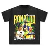 Baloncesto Transfronterizo Ronaldo Camiseta de Manga Corta Estampada Vintage Lavada Cuello Redondo Camiseta de Fútbol Peso Pesado Marca de Moda Top