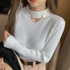 Otoño e Invierno Nuevo Sentido del Diseño Calado Combinable Camiseta Base de Punto para Mujer Ajustada Adelgazante Cuello Medio Alto Suéter Top