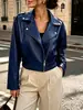 Estación Independiente de Amazon Nuevo Estilo Europeo y Americano Solapa Cremallera Chaqueta Corta de Cuero Dobladillo Fruncido Chaqueta de Cuero Casual