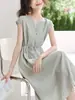 Nuevo Vestido de Lino de Verano para Mujer, Ligero y Transpirable, con Cinturón de Lazo, Adelgazante, Elegante Cuello en V, Vestido Largo de Vacaciones Estilo Francés