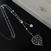Colar Longo com Contas e Pingente de Coração Cravejado com Cristais Transparentes e Diamantes Corrente de Suéter High-End Retro de Nicho para Menina Cool Tendência