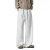 Pantalones de Chándal Blancos de Pierna Ancha con Cordón, Tejido de Punto de Color Sólido, Corte Holgado, Caída Suelta, Color Puro, Moda Urbana, Pantalones Largos Casuales para Hombre