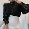 Amazon Europeo y Americano Nuevo Transfronterizo 2026 Color Sólido Hueco Cuello Alto Botón de Perla Encaje Camisa Top Ropa de Mujer