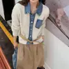 Nuevo diseño estilo coreano, otoño/invierno, con cuello, cárdigan de punto vaquero patchwork, corte holgado, prenda de abrigo a la moda, suéter para mujer