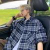 Camisa Xadrez Preto e Branco de Manga Curta Gehua Masculina Verão Retro Americano Casal Jaqueta Camisa Casual Xadrez Preto