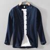 Camisa de lino de manga larga para primavera y otoño, estilo chino fino, estilo Tang, con hebilla retro y cuello vertical para papá de mediana edad.