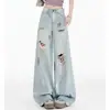 Jeans anchos de estilo retro americano de alta costura con salpicaduras de pintura y rotos para mujer, nuevo diseño de primavera y otoño, pantalones rectos casuales de nicho