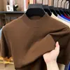 Camiseta de punto de manga corta con cuello alto parcial para hombre, color azul Klein liso, casual, ligera, transpirable, top t