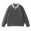 Yidao Vintage 2026 Otoño Nuevo Bloque de Color Retro Suéter de Dos Piezas Falsas Cuello Polo para Hombre Tejido de Punto Acanalado Holgado
