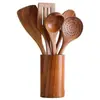 Espátula Pequeña de Madera de Acacia, Espátula de Madera para Sartén Antiadherente, Cuchara Sopera de Madera con Mango Largo, Cuchara Pequeña de Madera para Arroz, Juego de Espumadera para Fideos de Madera de Teca