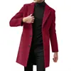 Casaco de lã masculino de comprimento médio, de abotoamento simples, estilo coreano, corte slim, cor sólida, simples, casual e adequado para o trabalho, para outono e inverno.