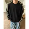 Camiseta de Manga Larga Estilo Adolescente Perezoso Americano para Hombre, Sudadera de Otoño de Peso Pesado con Cuello Pequeño y Bloques de Color a Rayas de Hilo Doble